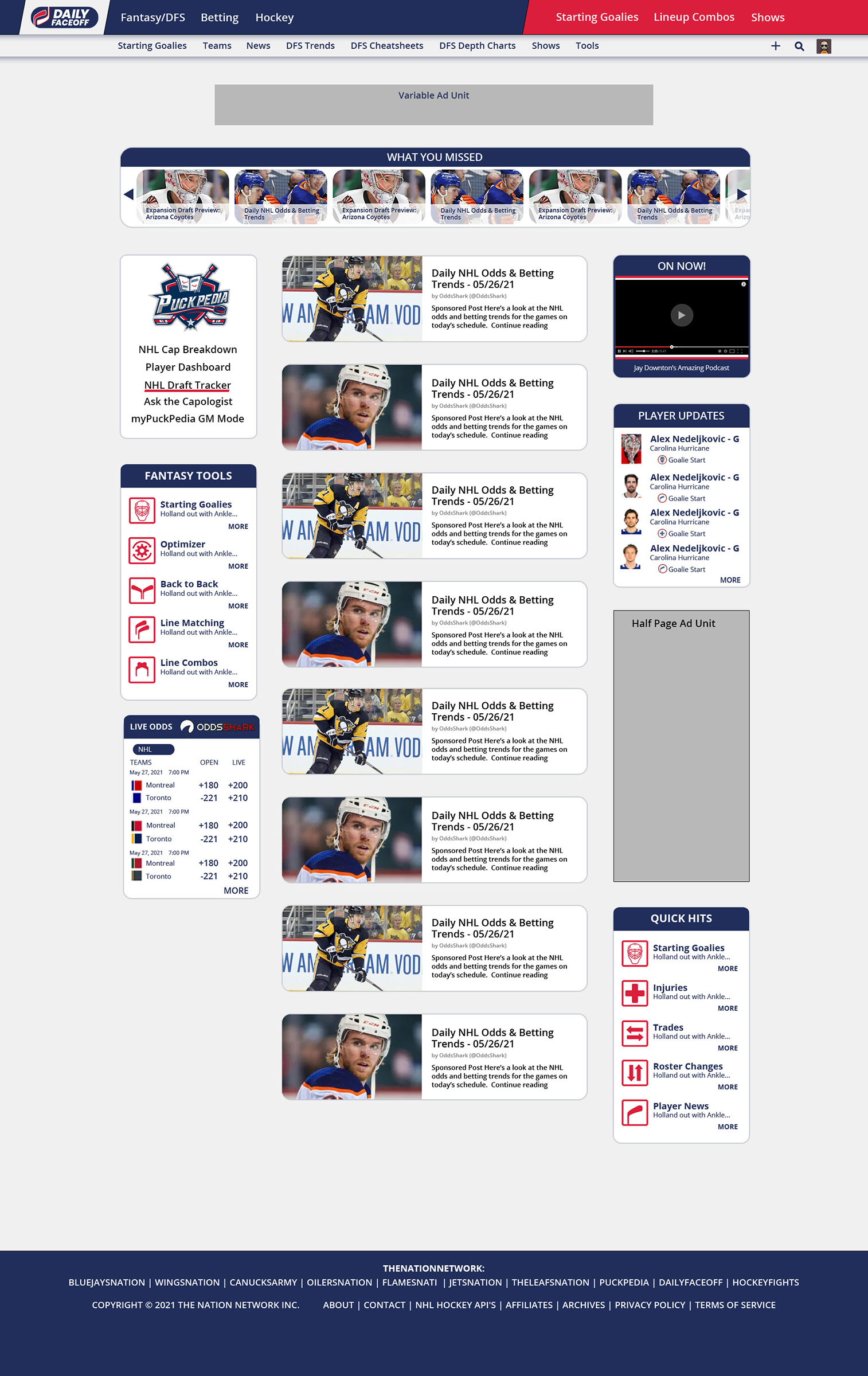 Daily Faceoff desktop UI