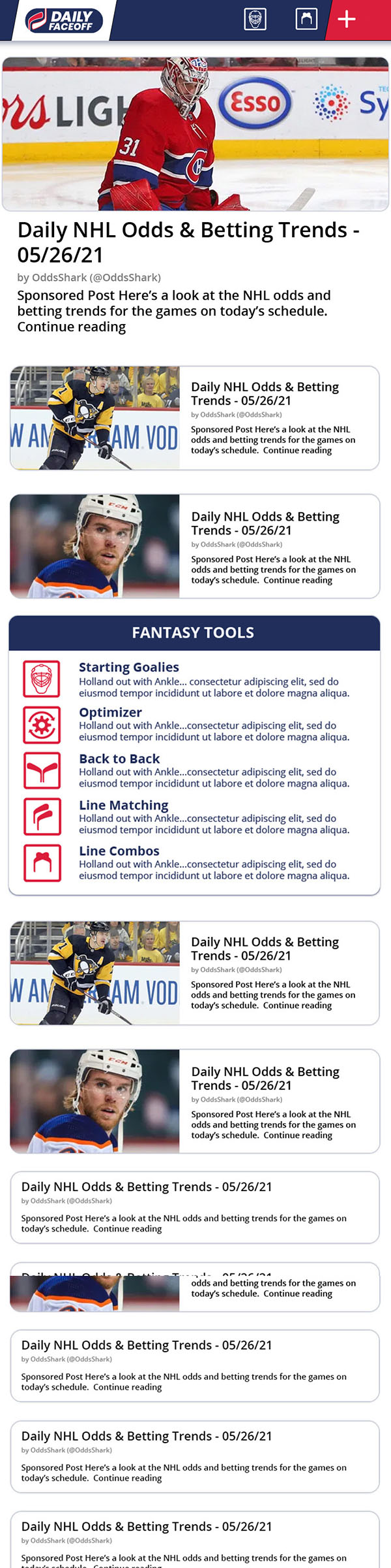 Daily Faceoff mobile UI